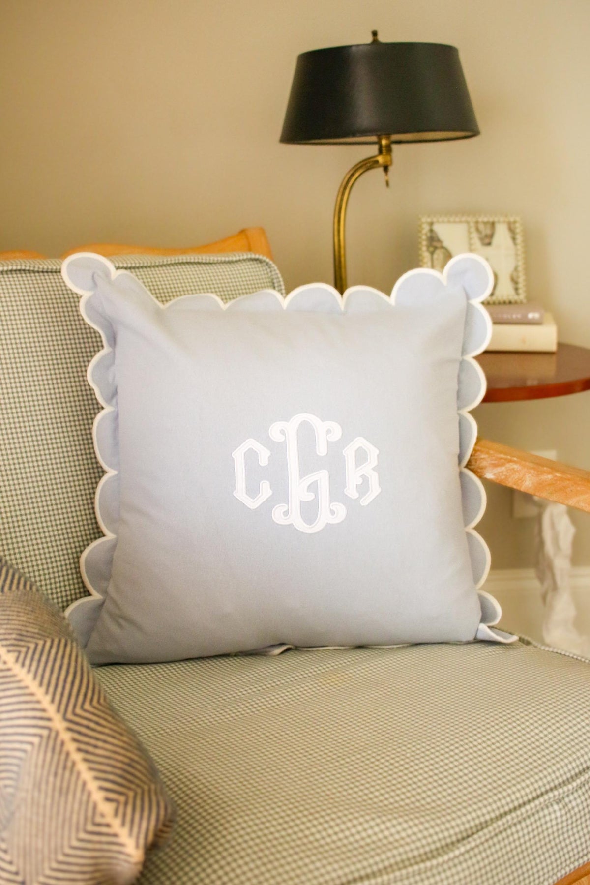 Custom Applique Pillow Cover – Personalized 18x18 Scalloped Pillow with Embroidered Applique - Wedding Gift | Home Gift | Personalized Gift
