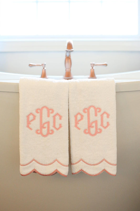 Custom Pink Appliqué Scalloped Hand Towel | Appliqué Towels | Custom Gifts | Gifts for Home
