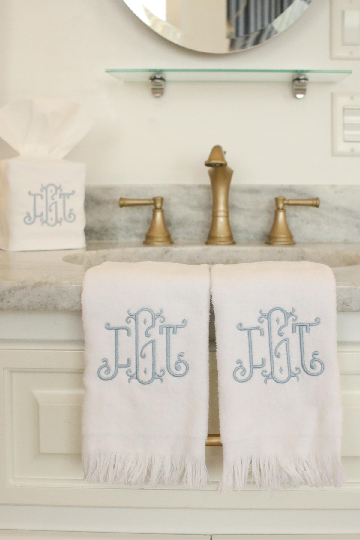 Monogrammed Hand Towels & Tissue Box Cover Set – Personalized Bathroom Decor, Triple Letter Embroidery, Wedding or Housewarming Gift