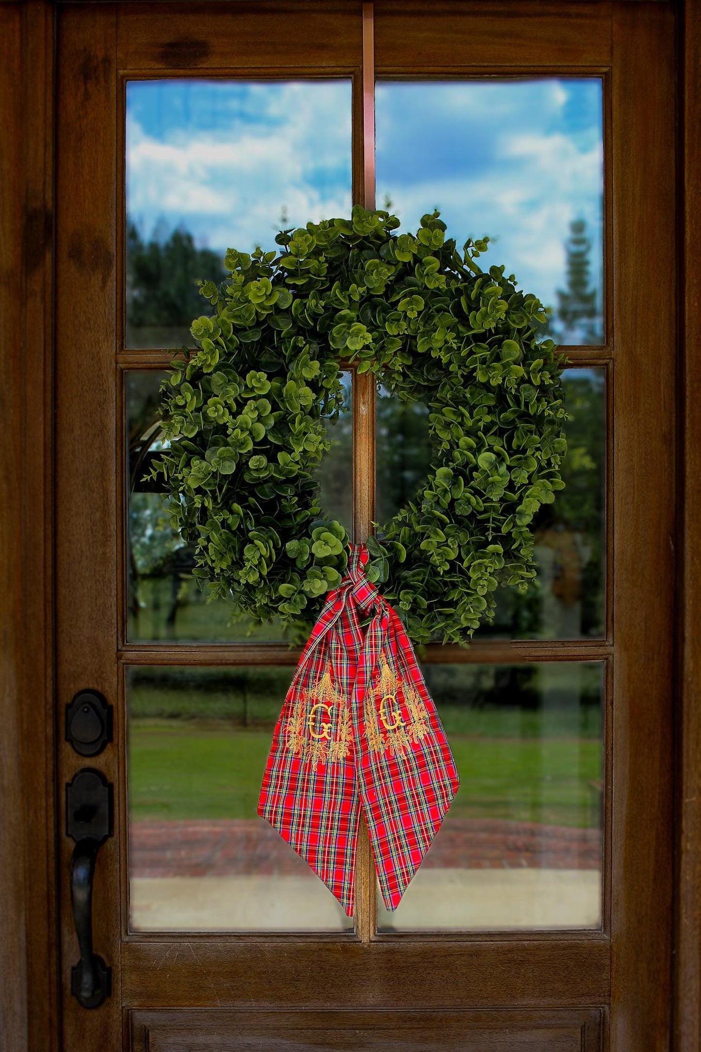 Stuart Plaid Wreath Sash | Embroidered Christmas Ribbon | Holiday Door Decoration | Chinoiserie Christmas Decor