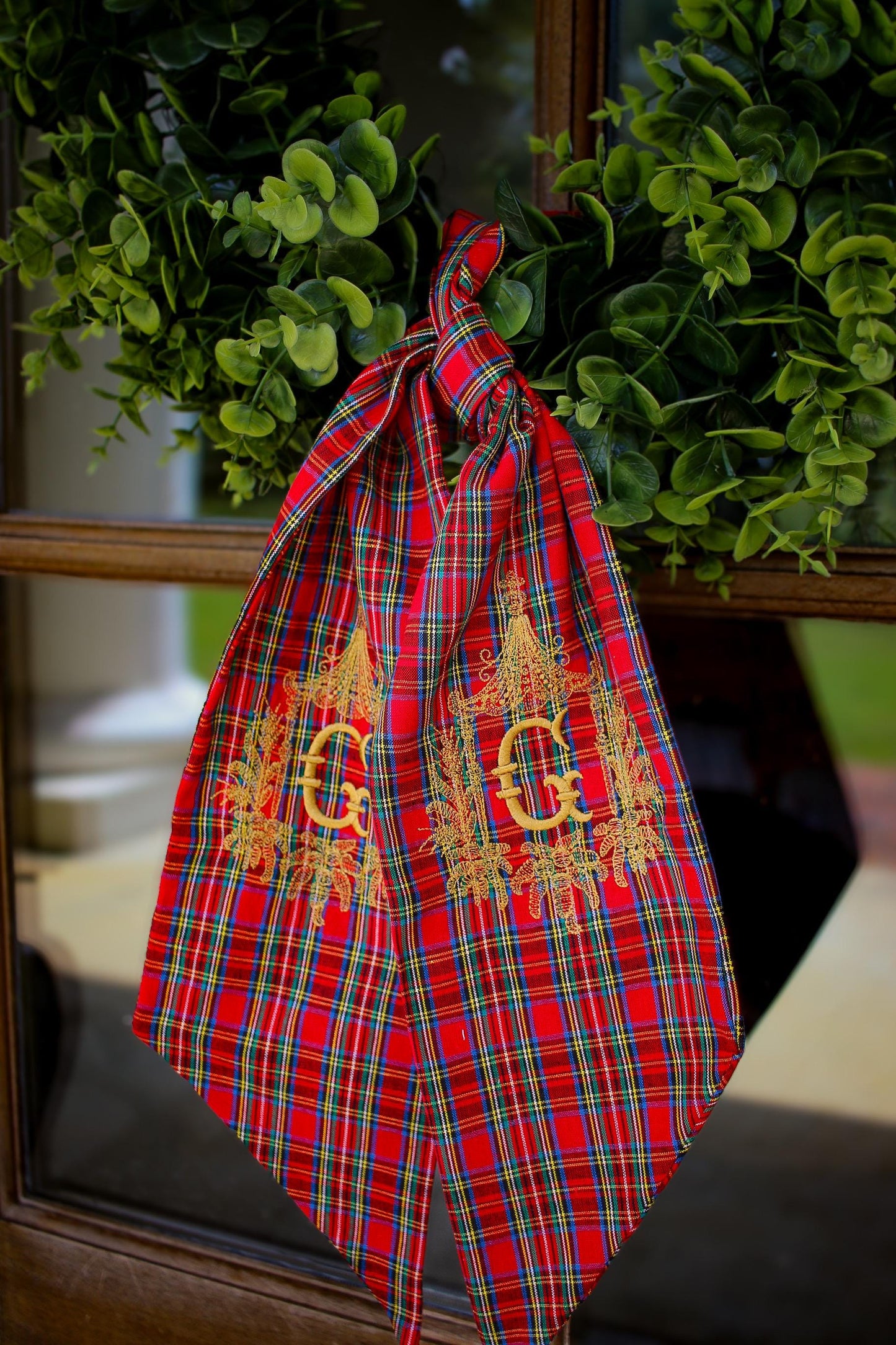 Embroidered Christmas Wreath Sash | Stuart Plaid | Christmas Home Gifts | Christmas Decorations