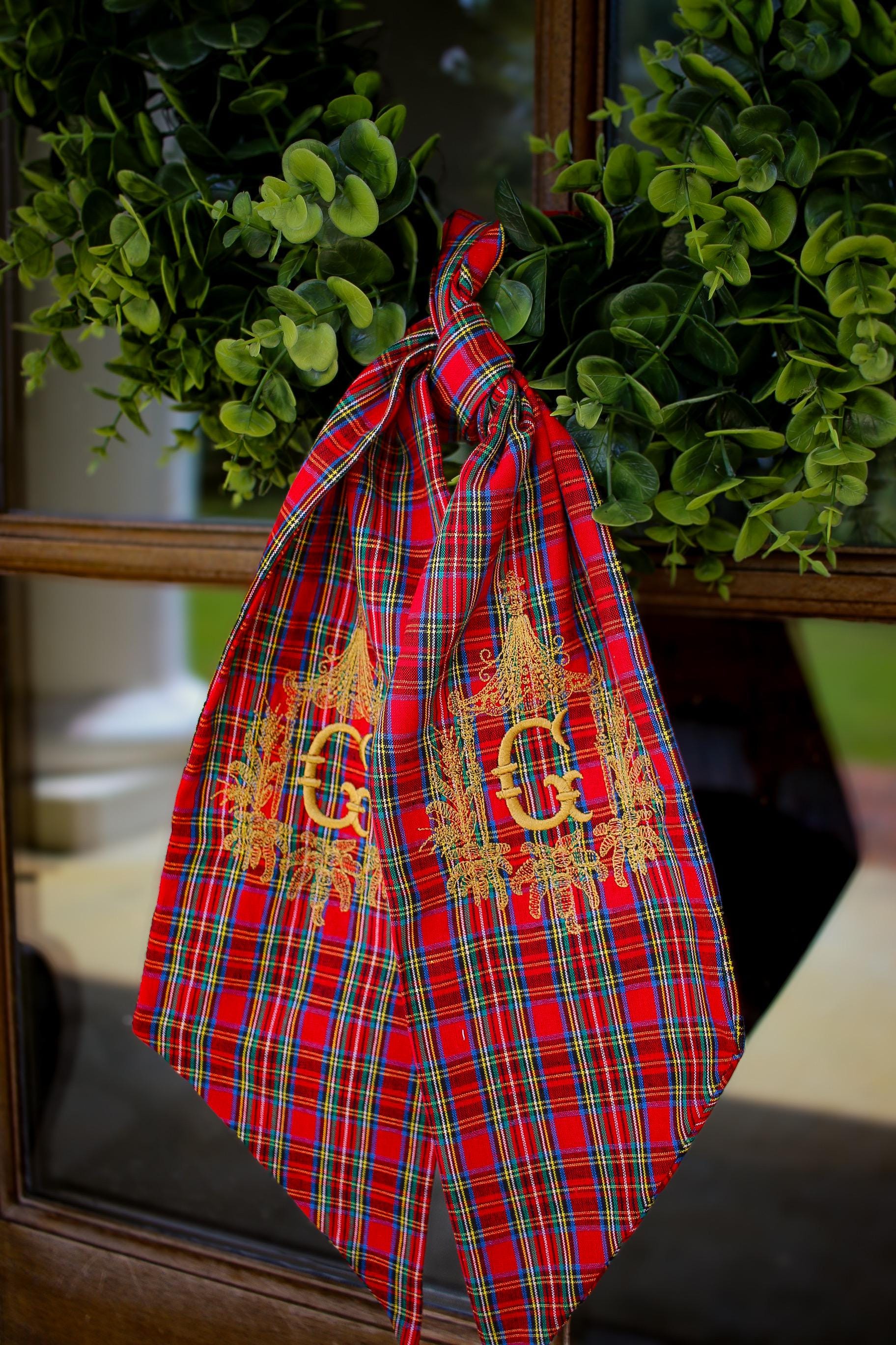 Embroidered Christmas Wreath Sash | Stuart Plaid | Christmas Home Gifts | Christmas Decorations