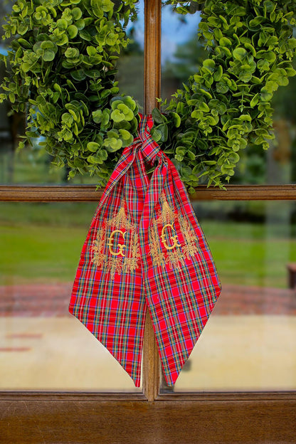 Embroidered Christmas Wreath Sash | Stuart Plaid | Christmas Home Gifts | Christmas Decorations