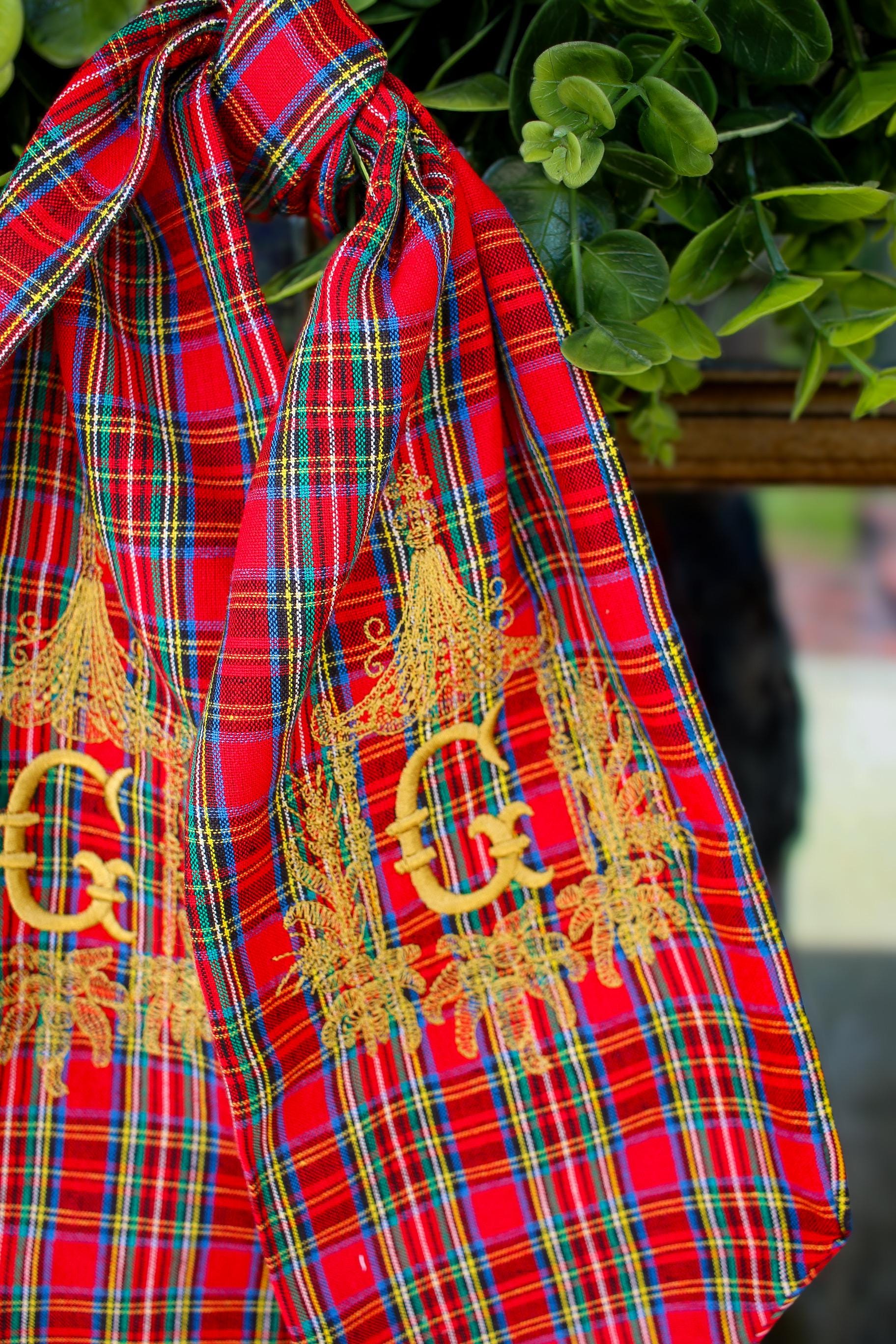 Stuart Plaid Wreath Sash | Embroidered Christmas Ribbon | Holiday Door Decoration | Chinoiserie Christmas Decor