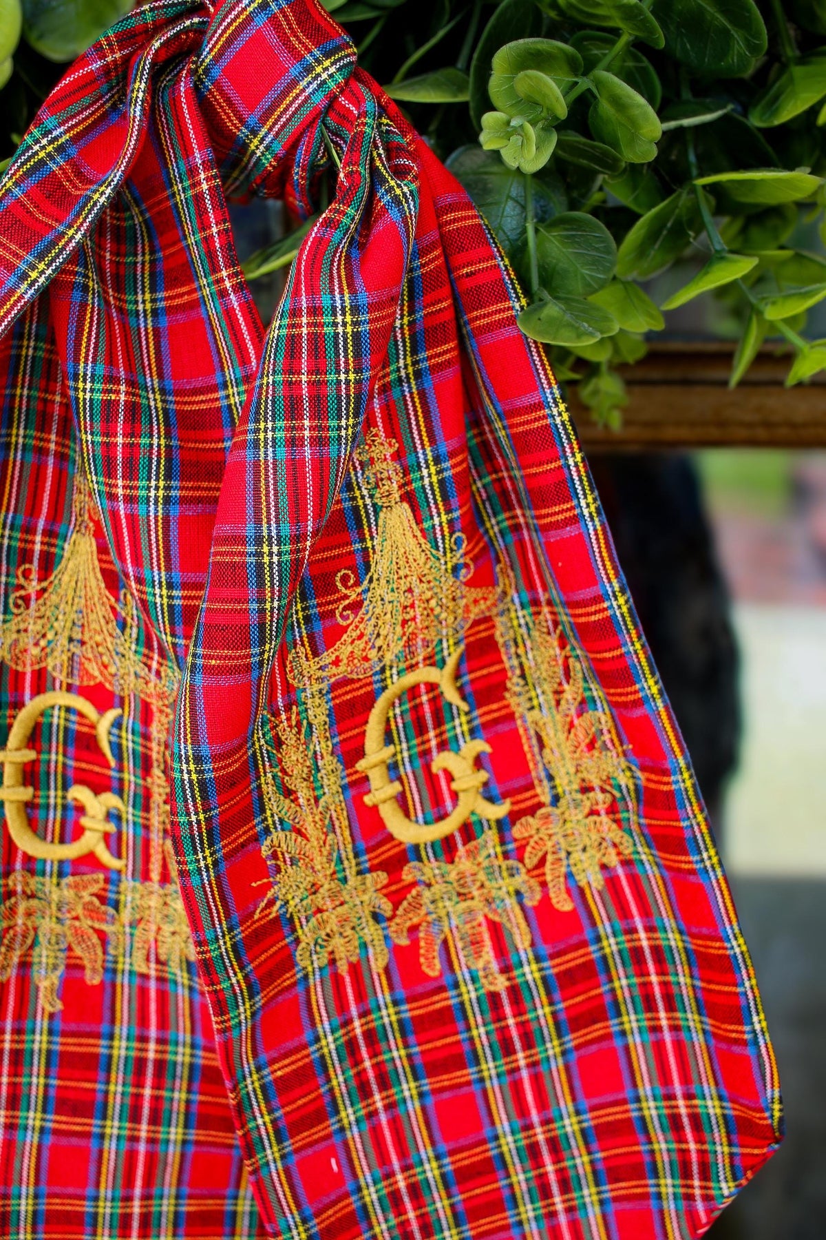 Embroidered Christmas Wreath Sash | Stuart Plaid | Christmas Home Gifts | Christmas Decorations