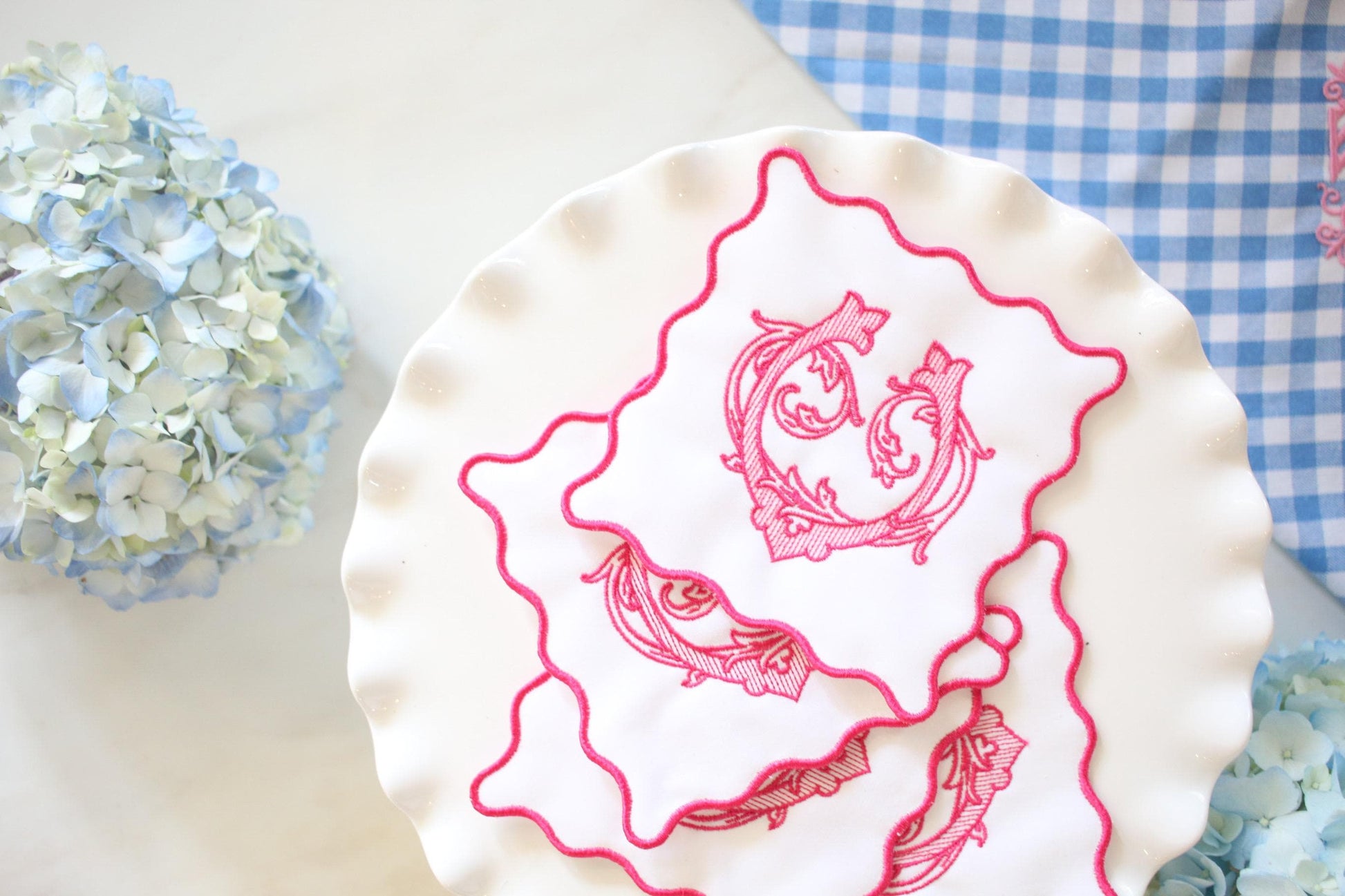 Scalloped Embroidered Cocktail Napkins | Hostess Gifts | Chinoiserie Gifts | Wedding Gifts | Housewarming Gifts | Hostess Gifts