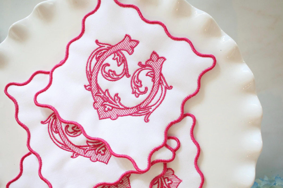 Scalloped Embroidered Cocktail Napkins | Hostess Gifts | Chinoiserie Gifts | Wedding Gifts | Housewarming Gifts | Hostess Gifts