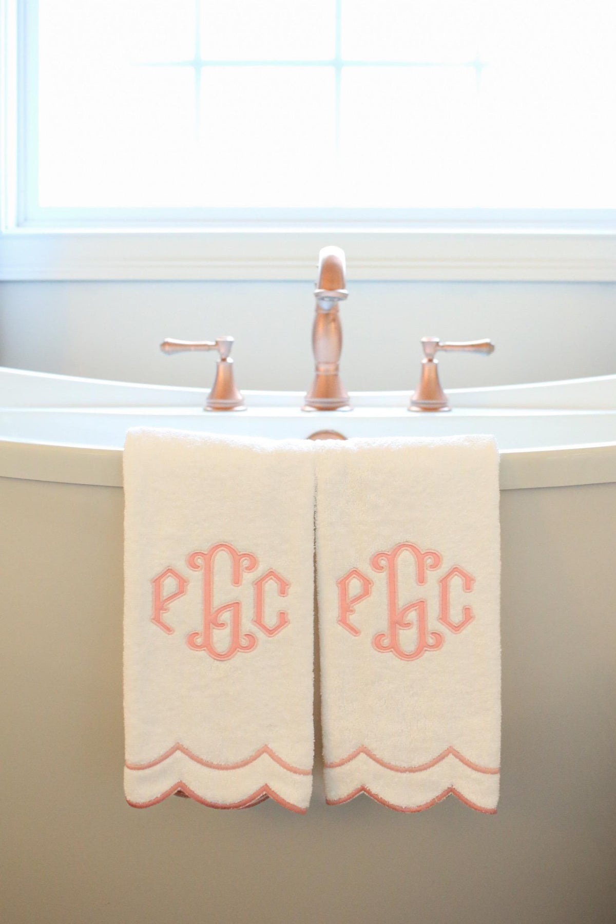 Custom Pink Appliqué Scalloped Hand Towel | Appliqué Towels | Custom Gifts | Gifts for Home