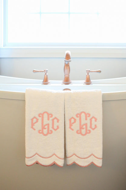 Custom Pink Appliqué Scalloped Hand Towel | Appliqué Towels | Custom Gifts | Gifts for Home