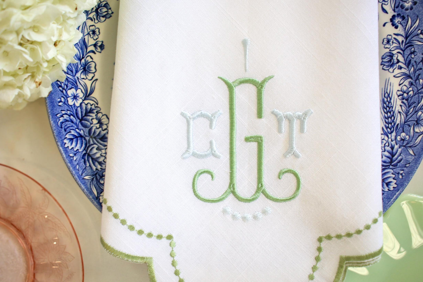 Embroidered Scalloped Dinner Napkin | Grandmillenial Home | Hostess Gifts | Housewarming Gifts | Tablescape Decoration