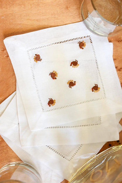 Embroidered Turkey Cocktail Napkins | Set of 4 | Grandmillenial Home | Bar Cart Decoration | Fall Tablescapes