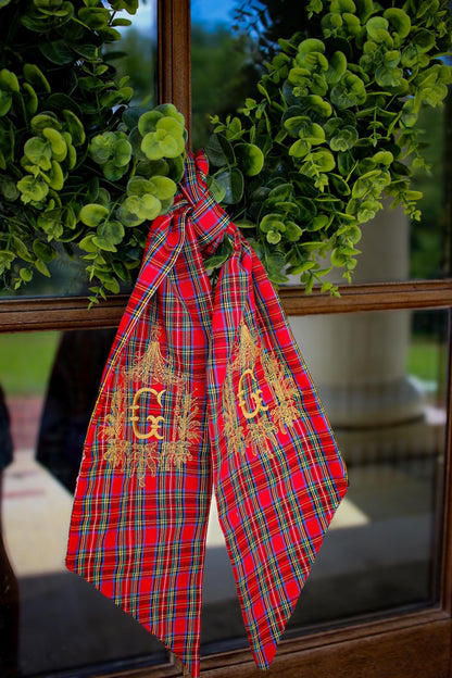 Stuart Plaid Wreath Sash | Embroidered Christmas Ribbon | Holiday Door Decoration | Chinoiserie Christmas Decor