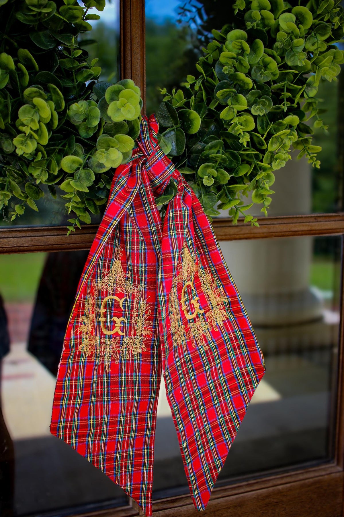 Embroidered Christmas Wreath Sash | Stuart Plaid | Christmas Home Gifts | Christmas Decorations