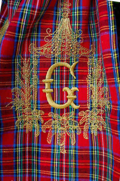 Stuart Plaid Wreath Sash | Embroidered Christmas Ribbon | Holiday Door Decoration | Chinoiserie Christmas Decor