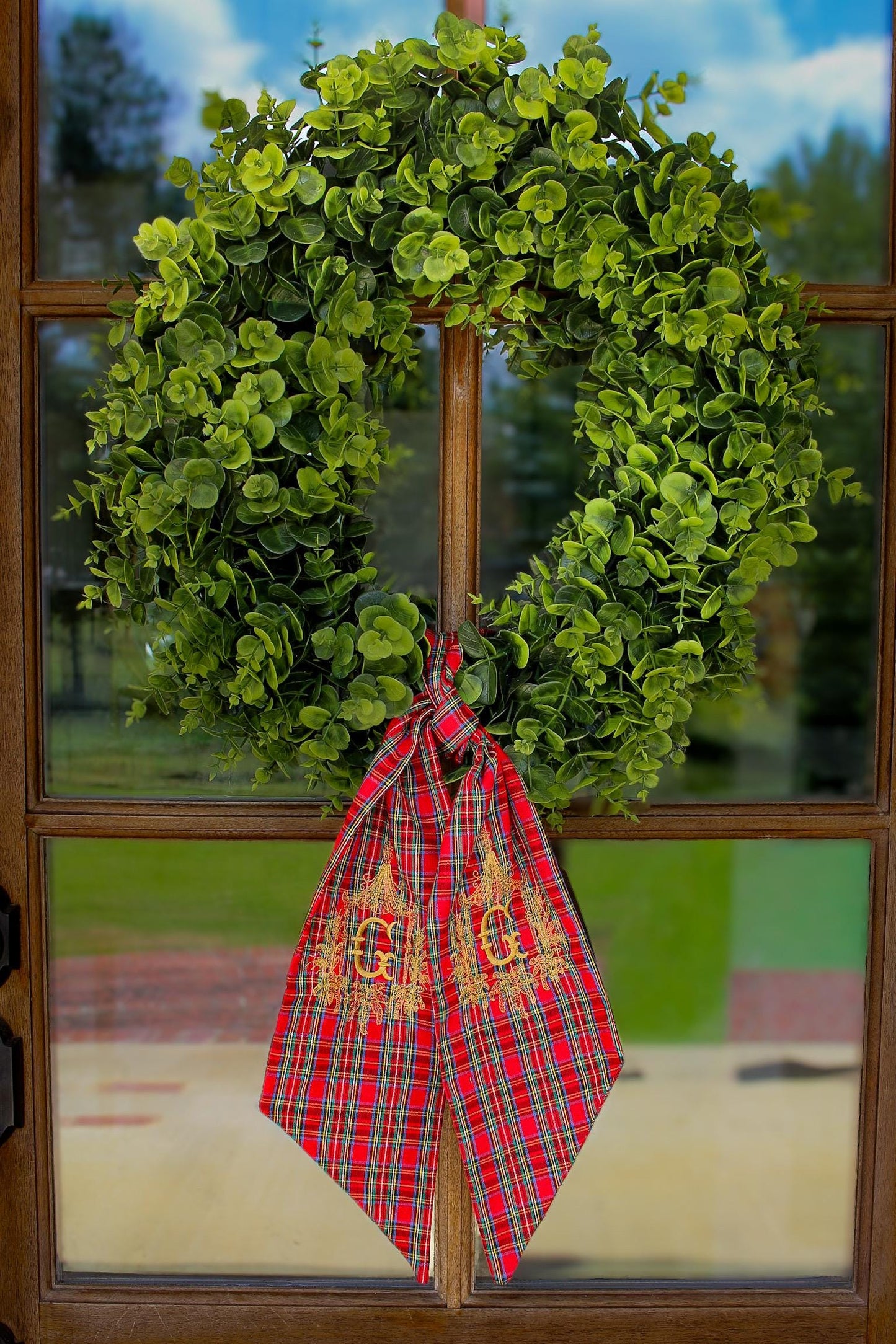 Embroidered Christmas Wreath Sash | Stuart Plaid | Christmas Home Gifts | Christmas Decorations