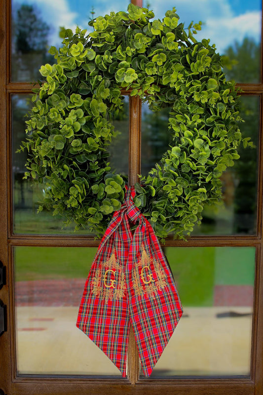 Embroidered Christmas Wreath Sash | Stuart Plaid | Christmas Home Gifts | Christmas Decorations