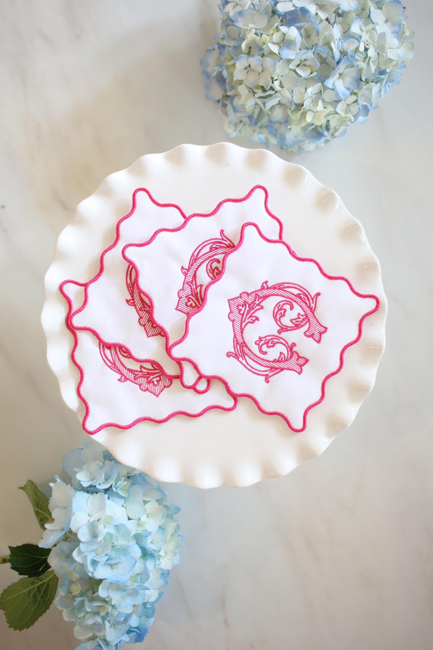 Scalloped Embroidered Cocktail Napkins | Hostess Gifts | Chinoiserie Gifts | Wedding Gifts | Housewarming Gifts | Hostess Gifts