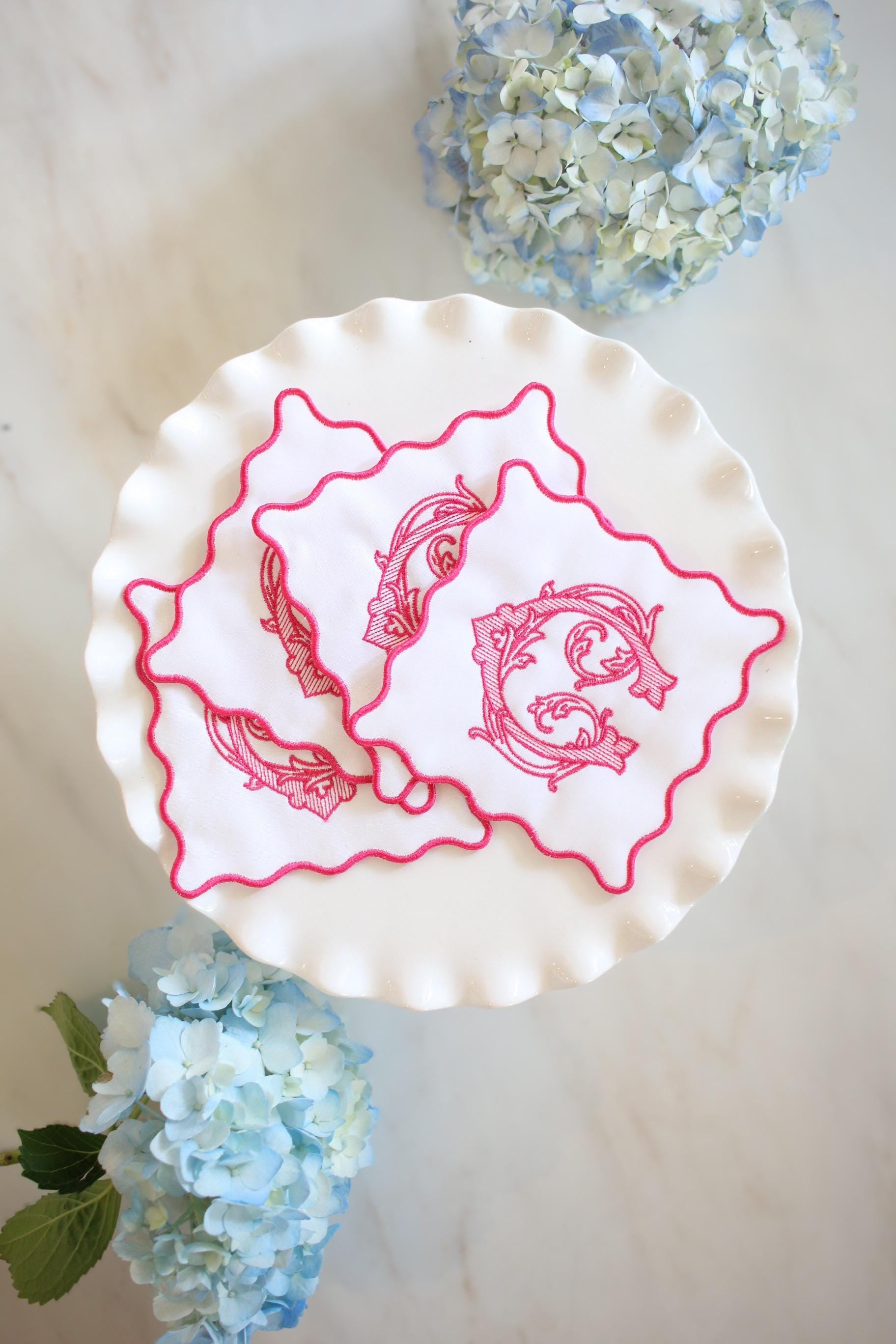 Scalloped Embroidered Cocktail Napkins | Hostess Gifts | Chinoiserie Gifts | Wedding Gifts | Housewarming Gifts | Hostess Gifts