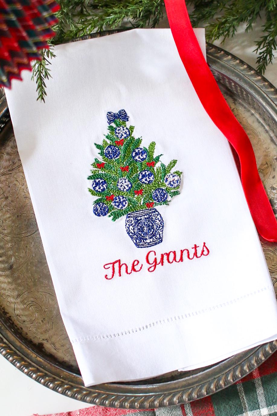 Christmas Embroidered Linen Hand Towel | Blue and White Hostess Gift | Chinoiserie Holiday Decor | Grandmillennial Home Accent