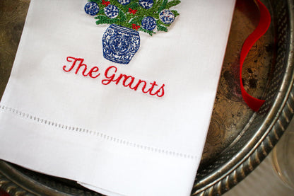 Christmas Embroidered Linen Hand Towel | Blue and White Hostess Gift | Chinoiserie Holiday Decor | Grandmillennial Home Accent
