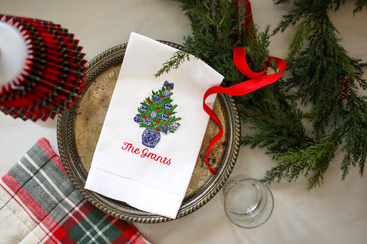 Christmas Embroidered Linen Hand Towel | Blue and White Hostess Gift | Chinoiserie Holiday Decor | Grandmillennial Home Accent