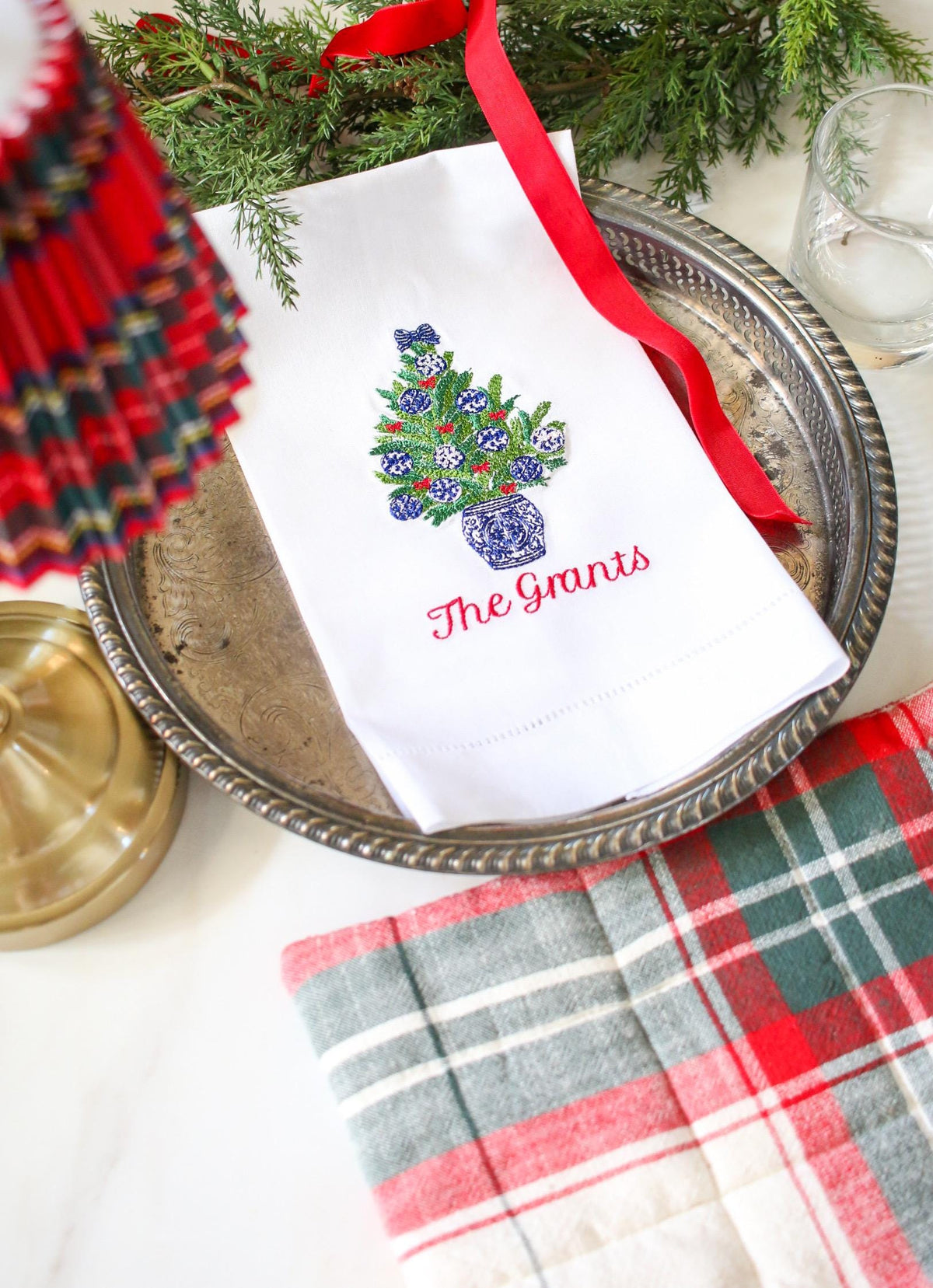 Christmas Embroidered Linen Hand Towel | Blue and White Hostess Gift | Chinoiserie Holiday Decor | Grandmillennial Home Accent