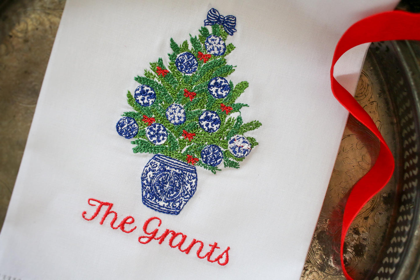 Christmas Embroidered Linen Hand Towel | Blue and White Hostess Gift | Chinoiserie Holiday Decor | Grandmillennial Home Accent