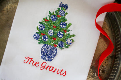 Christmas Embroidered Linen Hand Towel | Blue and White Hostess Gift | Chinoiserie Holiday Decor | Grandmillennial Home Accent