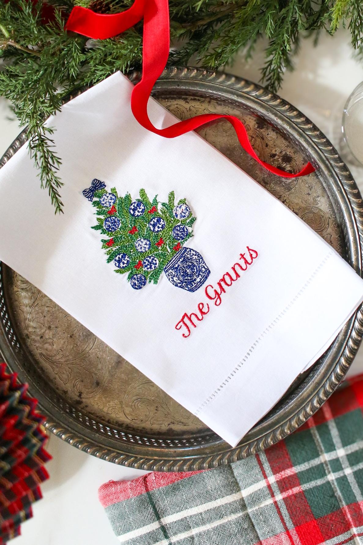 Christmas Embroidered Linen Hand Towel | Blue and White Hostess Gift | Chinoiserie Holiday Decor | Grandmillennial Home Accent