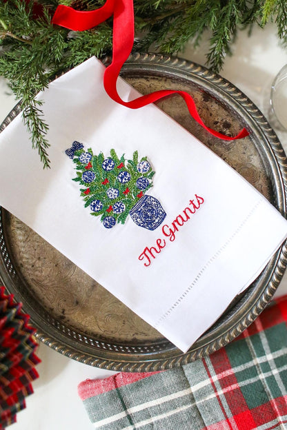 Christmas Embroidered Linen Hand Towel | Blue and White Hostess Gift | Chinoiserie Holiday Decor | Grandmillennial Home Accent