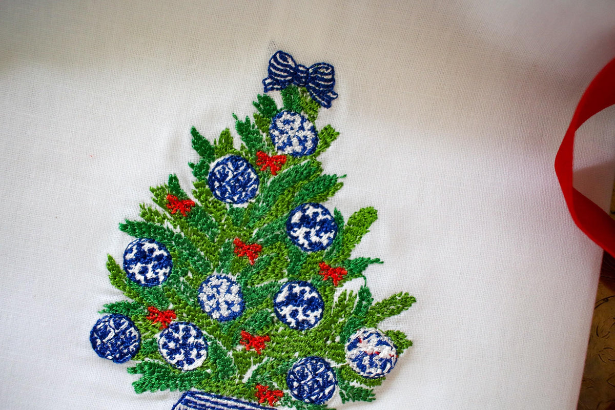 Christmas Embroidered Linen Hand Towel | Blue and White Hostess Gift | Chinoiserie Holiday Decor | Grandmillennial Home Accent