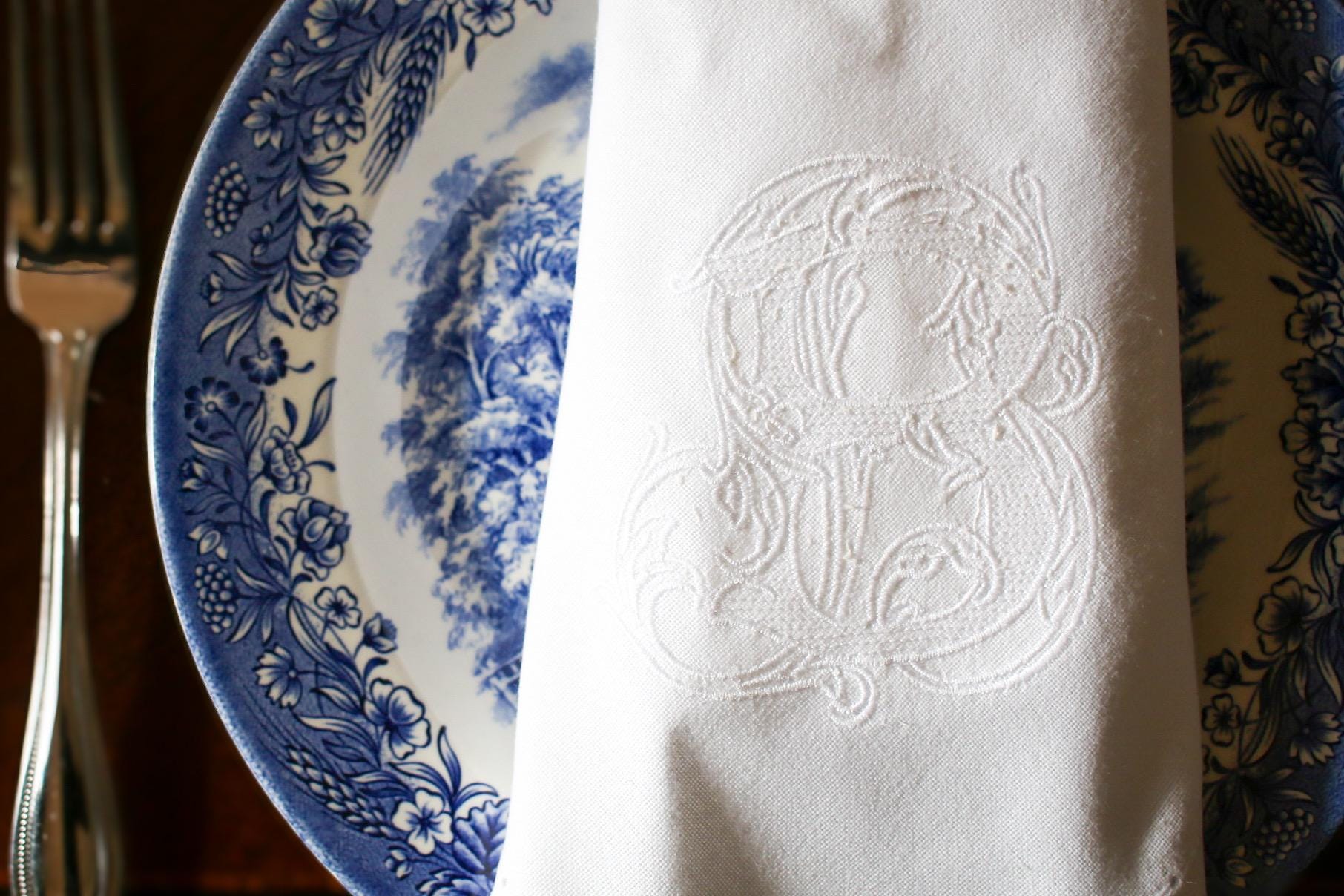 Monogrammed Dinner Napkin: Custom Embroidered 20" White Cotton