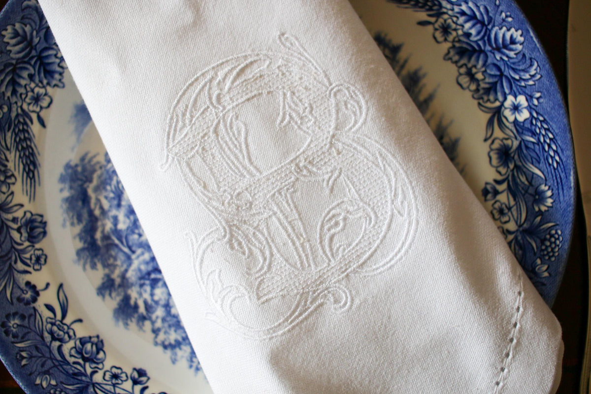 Monogrammed Dinner Napkin: Custom Embroidered 20" White Cotton