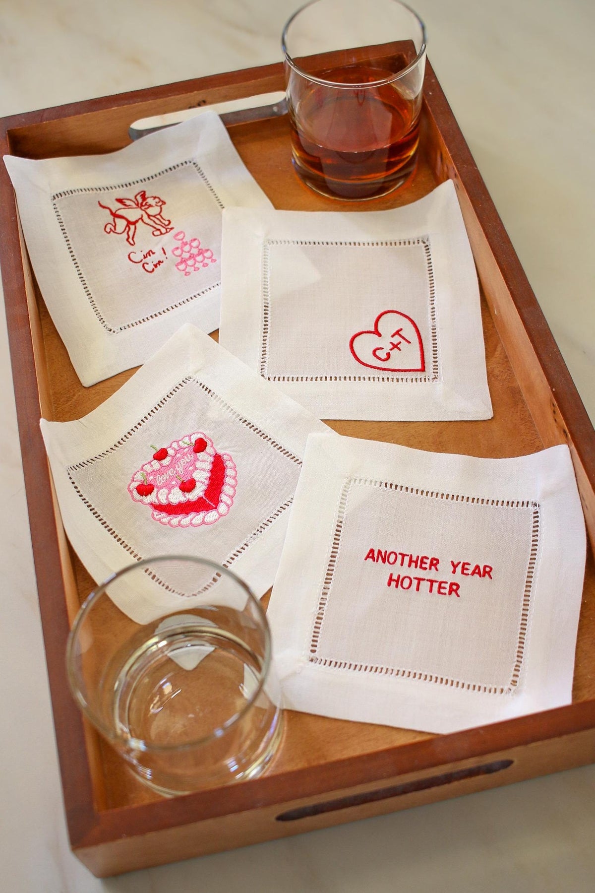 Flirty Cocktail Napkins Set of 4: Embroidered Valentine Gift | Romantic Bar Cart Decor | Grandmillenial Home | Linen Anniversary Gift