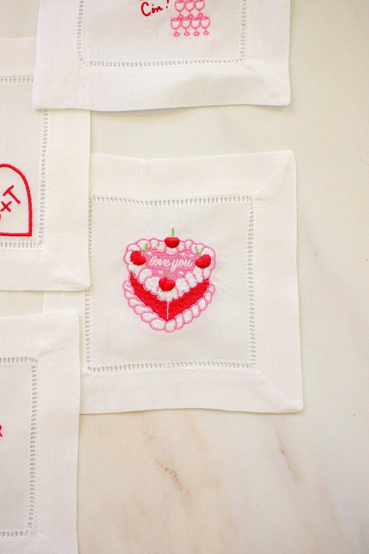 Flirty Cocktail Napkins Set of 4: Embroidered Valentine Gift | Romantic Bar Cart Decor | Grandmillenial Home | Linen Anniversary Gift