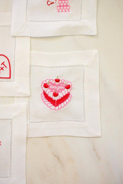 Flirty Cocktail Napkins Set of 4: Embroidered Valentine Gift | Romantic Bar Cart Decor | Grandmillenial Home | Linen Anniversary Gift