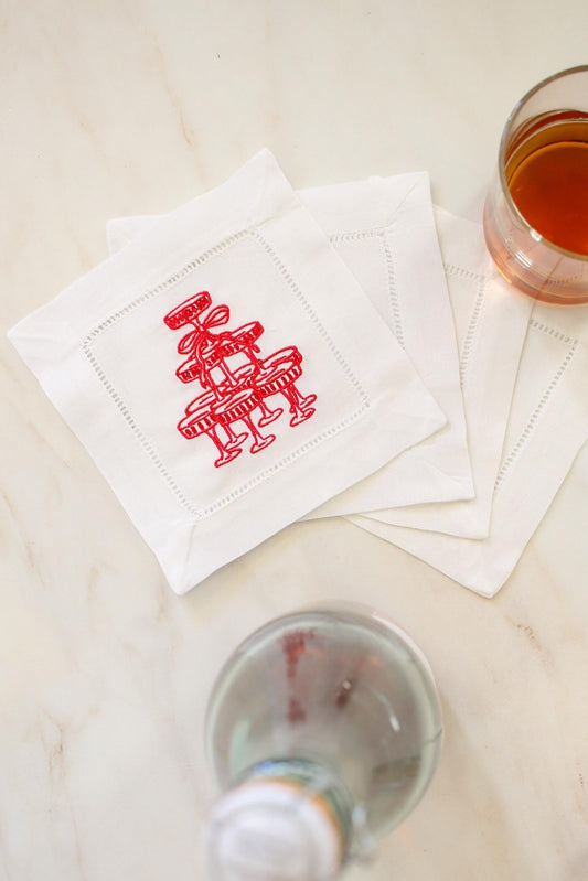 Champagne Tower Embroidered Linen Cocktail Napkins - Set of Four | Valentine Entertaining Napkins | Bridal Shower Bar Cart Decor