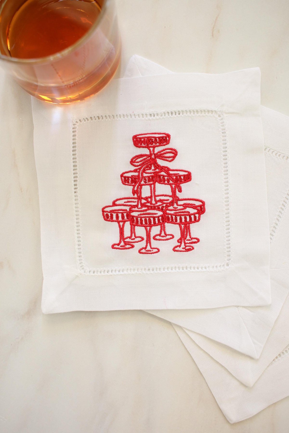 Champagne Tower Embroidered Linen Cocktail Napkins - Set of Four | Valentine Entertaining Napkins | Bridal Shower Bar Cart Decor