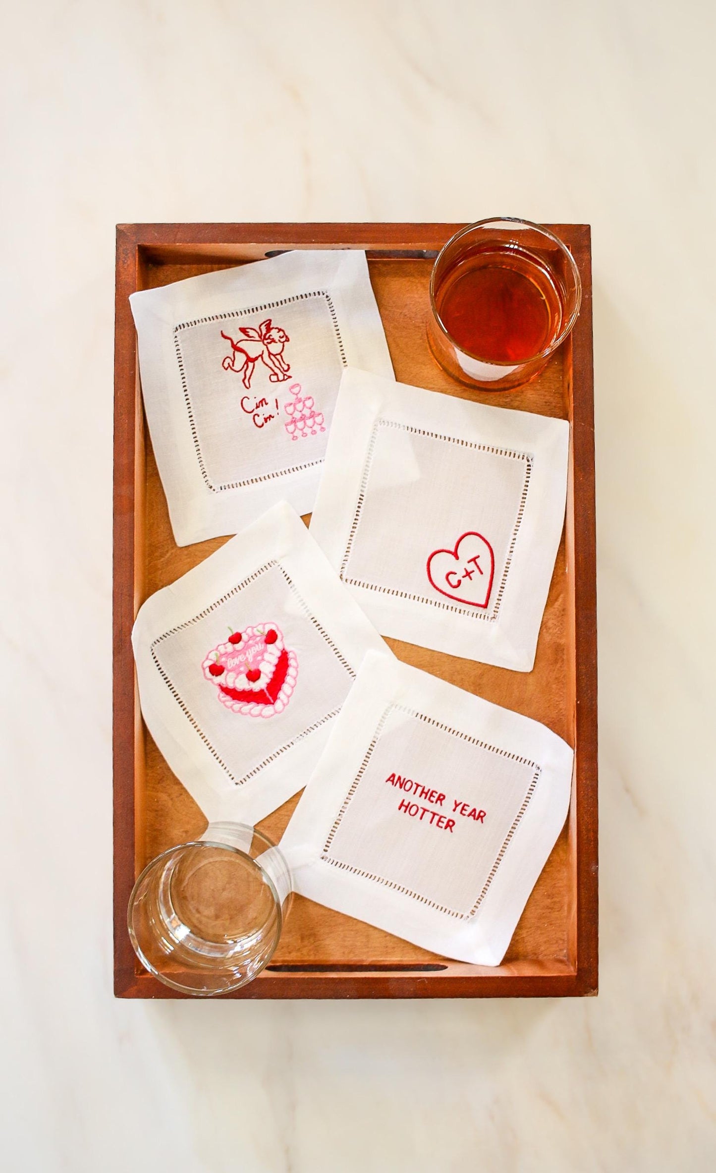 Flirty Cocktail Napkins Set of 4: Embroidered Valentine Gift | Romantic Bar Cart Decor | Grandmillenial Home | Linen Anniversary Gift
