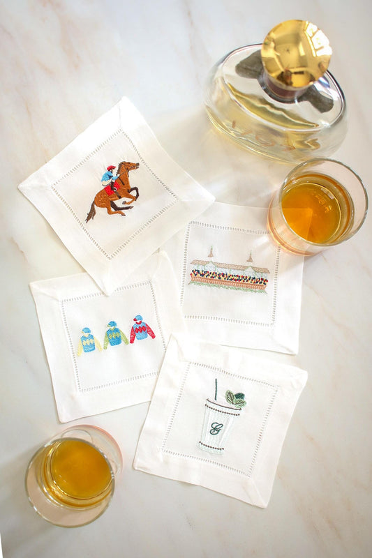 Kentucky Derby Linen Cocktail Napkins: Set of 4 | Embroidered Cocktail Napkins | Bar Cart Decor | Grandmillenial Home