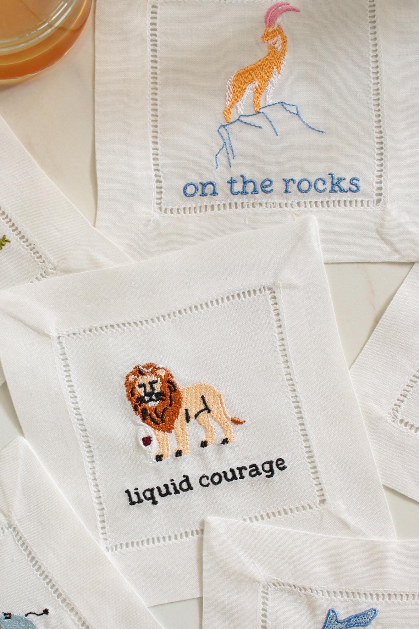 Embroidered Linen Cocktail Napkins - Set of 6 | Irreverent Bar Cart Decor | Bourbon Gift for Host | Bar Cart Decor | Grandmillenial Home