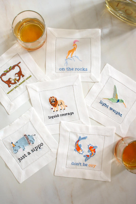 Embroidered Linen Cocktail Napkins - Set of 6 | Irreverent Bar Cart Decor | Bourbon Gift for Host | Bar Cart Decor | Grandmillenial Home