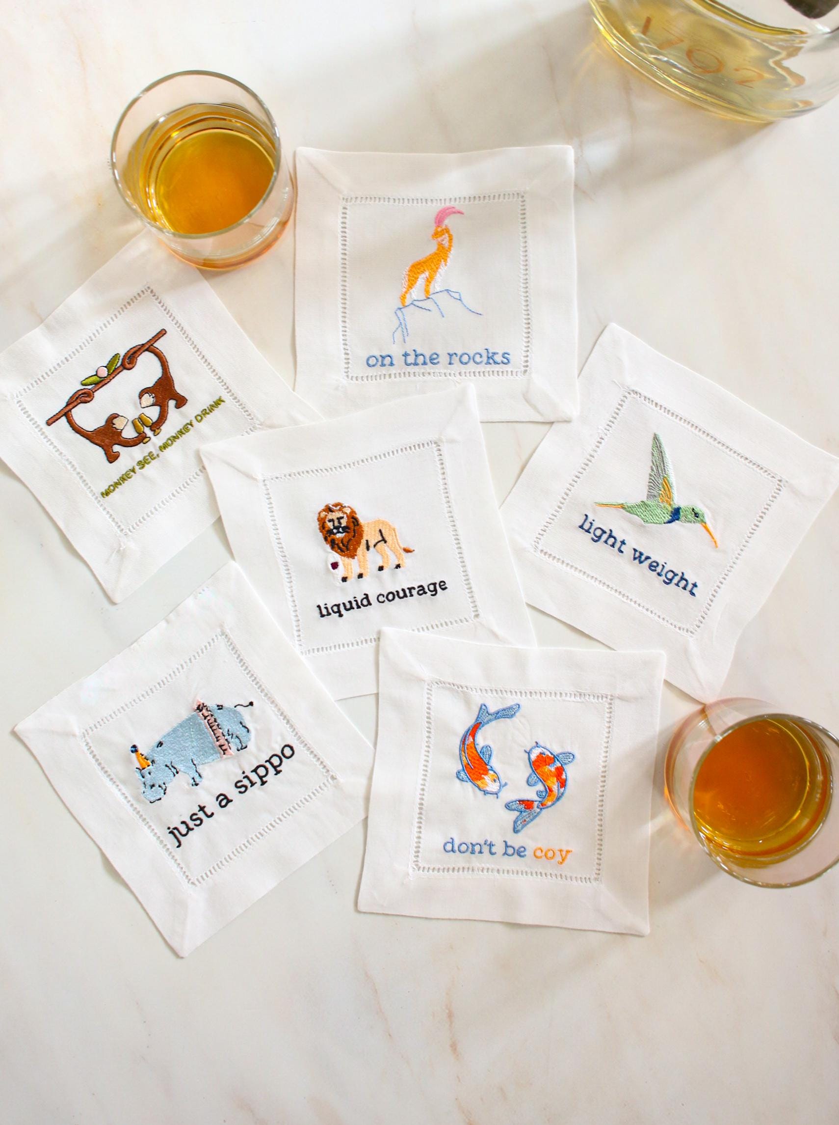 Embroidered Linen Cocktail Napkins - Set of 6 | Irreverent Bar Cart Decor | Bourbon Gift for Host | Bar Cart Decor | Grandmillenial Home