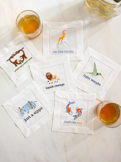 Embroidered Linen Cocktail Napkins - Set of 6 | Irreverent Bar Cart Decor | Bourbon Gift for Host | Bar Cart Decor | Grandmillenial Home