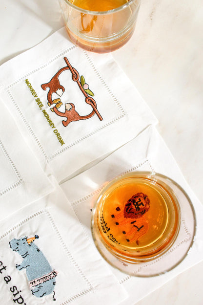 Embroidered Linen Cocktail Napkins - Set of 6 | Irreverent Bar Cart Decor | Bourbon Gift for Host | Bar Cart Decor | Grandmillenial Home