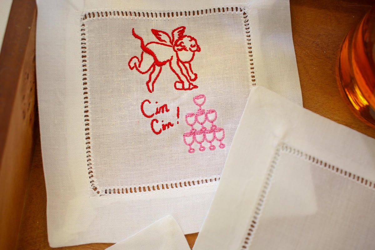 Flirty Cocktail Napkins Set of 4: Embroidered Valentine Gift | Romantic Bar Cart Decor | Grandmillenial Home | Linen Anniversary Gift
