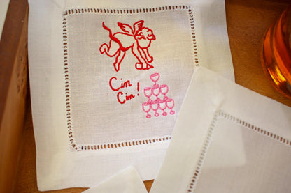 Flirty Cocktail Napkins Set of 4: Embroidered Valentine Gift | Romantic Bar Cart Decor | Grandmillenial Home | Linen Anniversary Gift