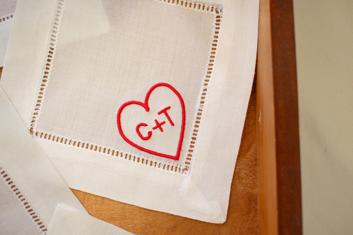 Flirty Cocktail Napkins Set of 4: Embroidered Valentine Gift | Romantic Bar Cart Decor | Grandmillenial Home | Linen Anniversary Gift