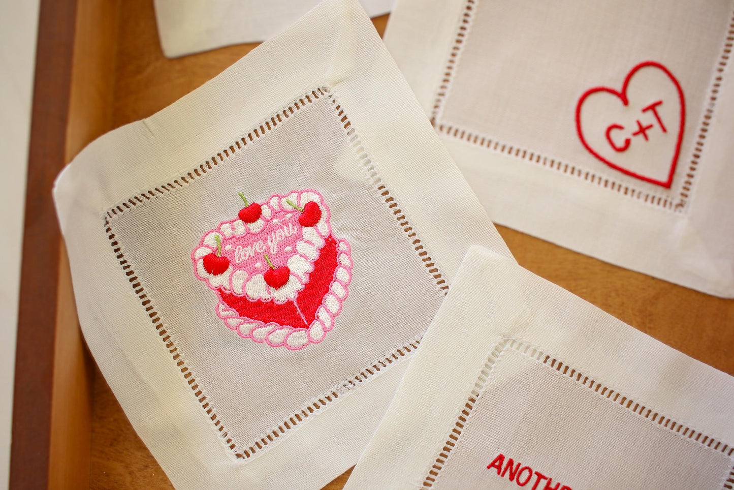 Flirty Cocktail Napkins Set of 4: Embroidered Valentine Gift | Romantic Bar Cart Decor | Grandmillenial Home | Linen Anniversary Gift