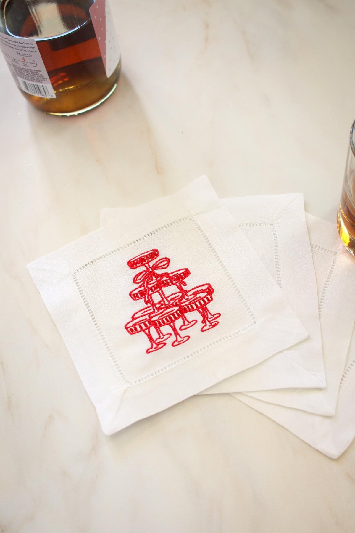 Champagne Tower Embroidered Linen Cocktail Napkins - Set of Four | Valentine Entertaining Napkins | Bridal Shower Bar Cart Decor